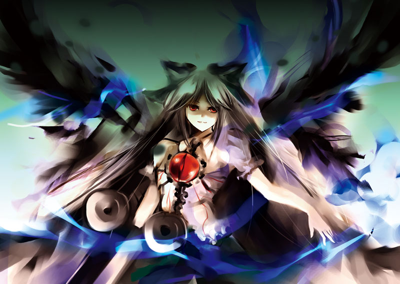 tomasu, tsurukame, reiuji utsuho, touhou, 1girl, black hair, female focus, long hair, red eyes, solo, wings