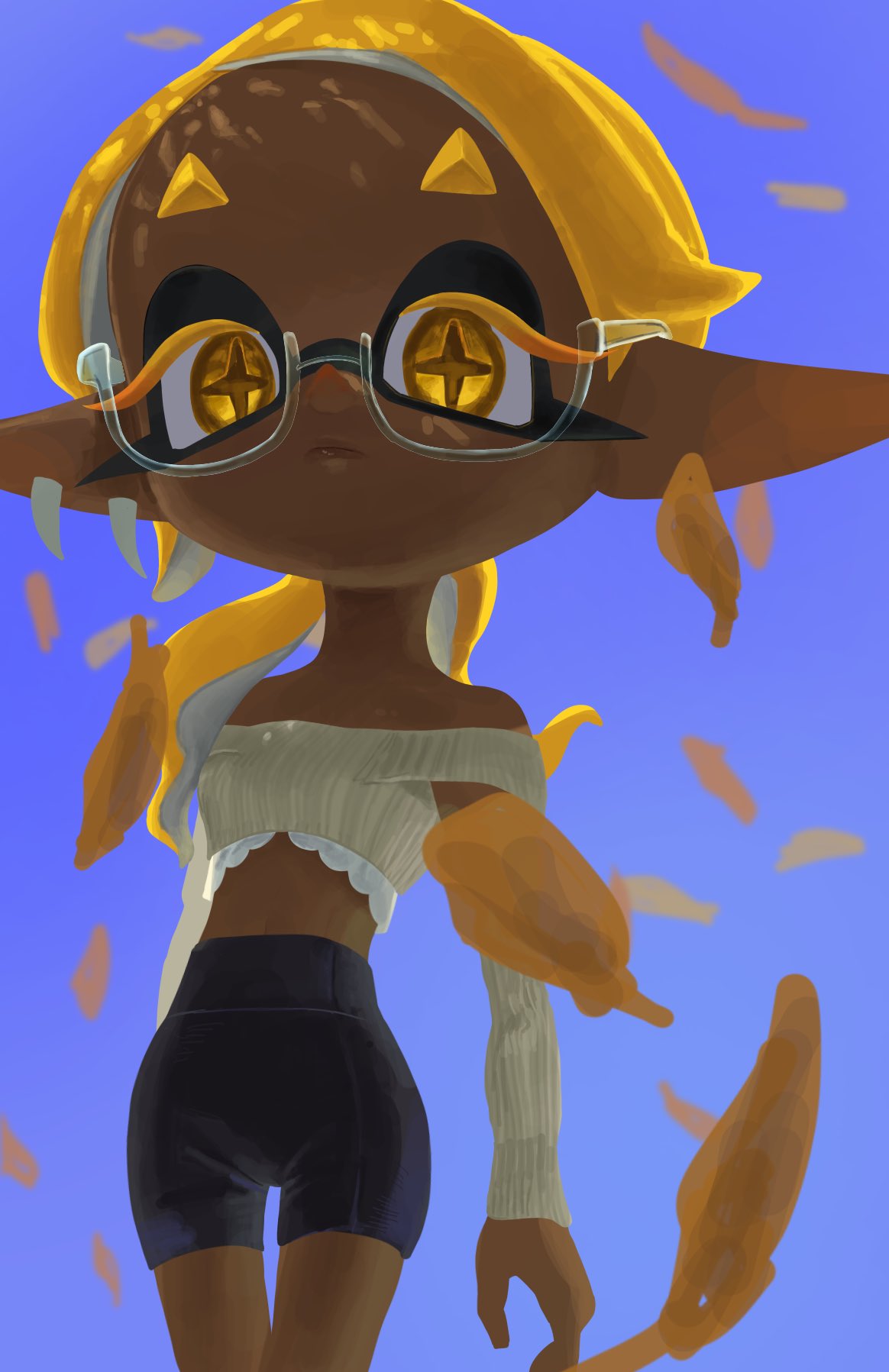 dbwuqldvec82805, frye (splatoon), nintendo, splatoon (series), splatoon 3, highres, 1girl, bare shoulders, black shorts, blonde hair, blue sky, colored eyelashes, cropped sweater, dark-skinned female, dark skin, earrings, falling petals, glasses, inkling, jewelry, midriff, off shoulder, petals, pointy ears, semi-rimless eyewear, short eyebrows, shorts, sky, solo, sweater, tentacle hair, tooth earrings, under-rim eyewear, yellow eyes