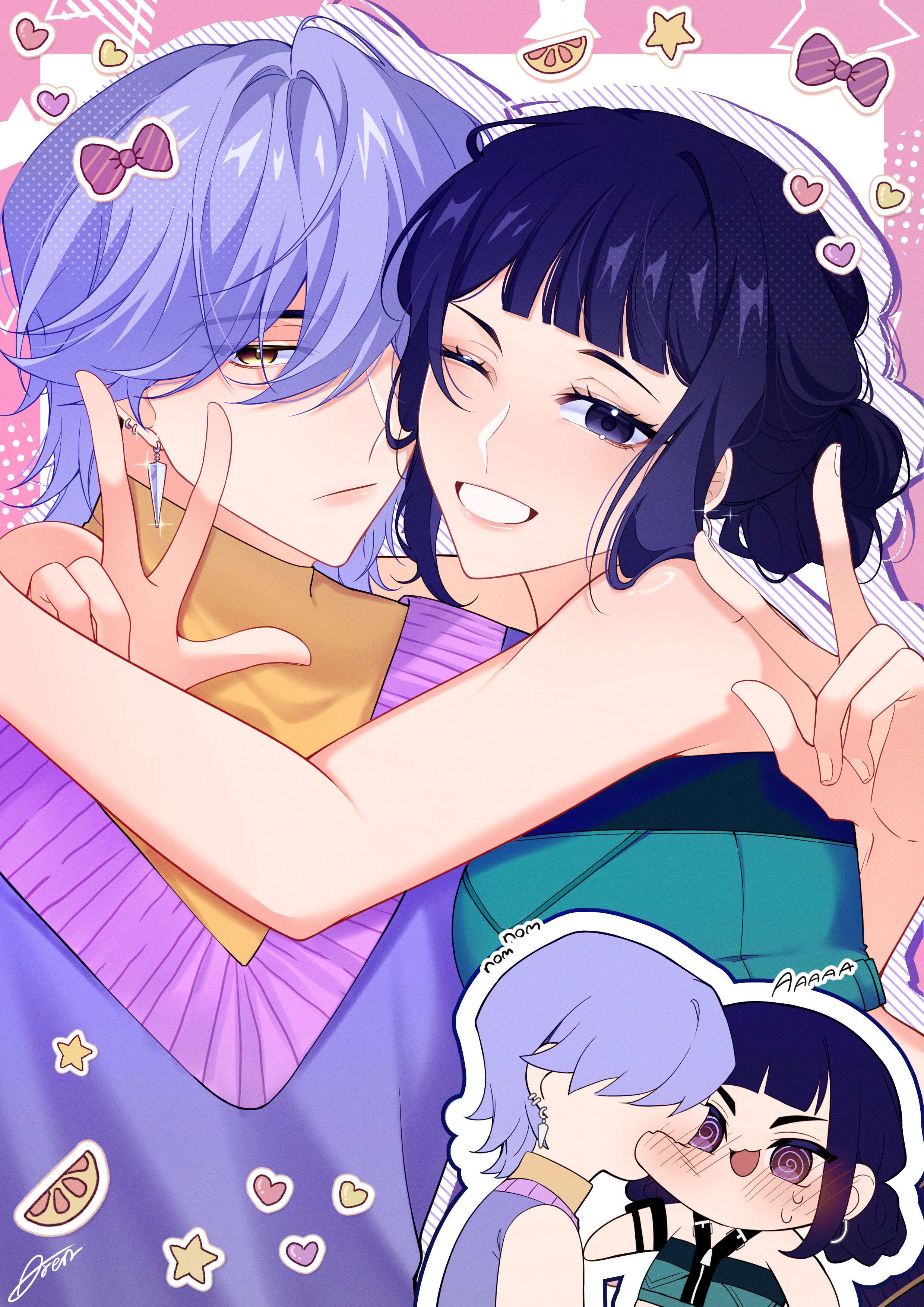 mystery (kpop demon hunters), zoey (kpop demon hunters), kpop demon hunters, absurdres, highres, 1boy, 1girl, @ @, aqua shirt, arenyamato1, arms around neck, bare shoulders, biting, biting cheek, blue hair, blunt bangs, blush, chibi, chibi inset, couple, crop top, double bun, earrings, grey eyes, hair between eyes, hair bun, hetero, hoop earrings, jewelry, light frown, medium hair, parted lips, purple sweater vest, shirt, sidelocks, signature, smile, sweatdrop, sweater vest, upper body, v, yellow eyes, yellow shirt