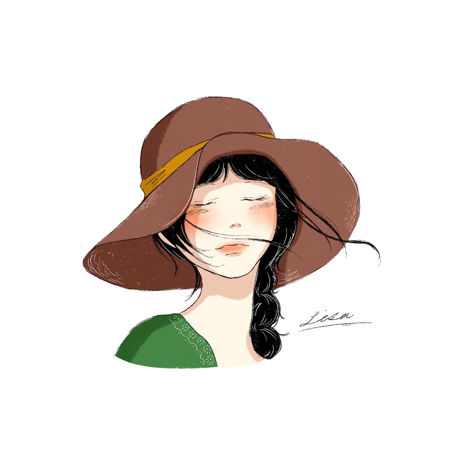 lisa (illustsan430), original, commentary request, highres, 1girl, artist name, black hair, blush, braid, brown hat, closed eyes, closed mouth, cropped shoulders, facing viewer, floating hair, green shirt, hat, long hair, portrait, shirt, signature, simple background, single braid, solo, sun hat, turning head, white background, wind