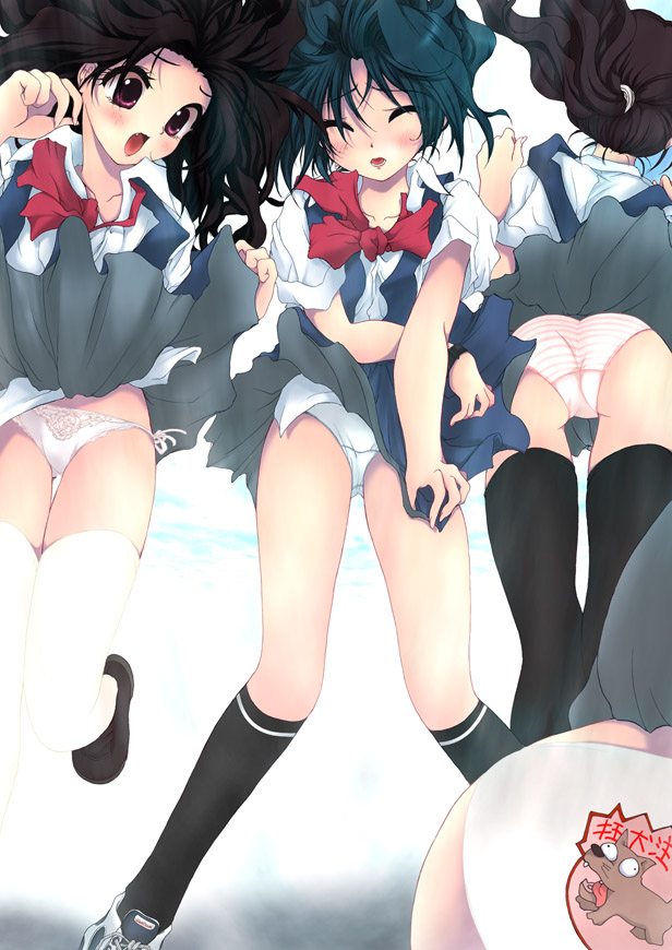 odagiri sakura, original, 3girls, ass, closed eyes, clothes lift, long hair, multiple girls, panties, pink eyes, ponytail, school uniform, serafuku, side-tie panties, skirt, skirt lift, thighhighs, underwear, white panties, wind, wind lift