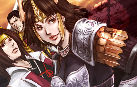 dutchko, henyo, ishida mitsunari, ishida mitsunari (sengoku musou), shima sakon, tachibana ginchiyo, sengoku musou, sengoku musou 2, bad id, bad pixiv id, 1girl, 2boys, armor, black hair, brown eyes, brown hair, dutch angle, expressionless, gauna, headband, headpiece, lips, looking at viewer, looking back, multiple boys, outdoors, short hair, upper body