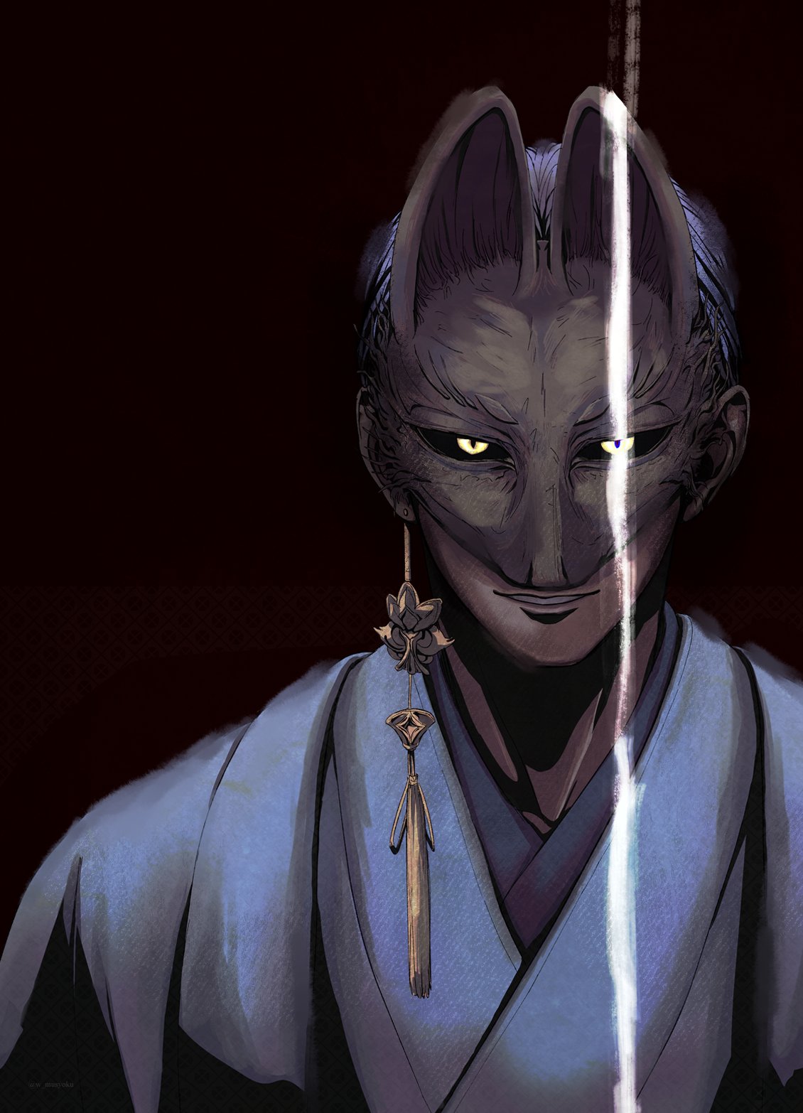 mushoku (toumeisekai), fox mask (silent hill), silent hill (series), silent hill f, highres, 1boy, black background, black sclera, colored sclera, earrings, fox mask, japanese clothes, jewelry, light smile, looking at viewer, male focus, mask, parted lips, robe, single earring, slit pupils, solo, tassel, tassel earrings, upper body, white hair, white robe, yellow eyes