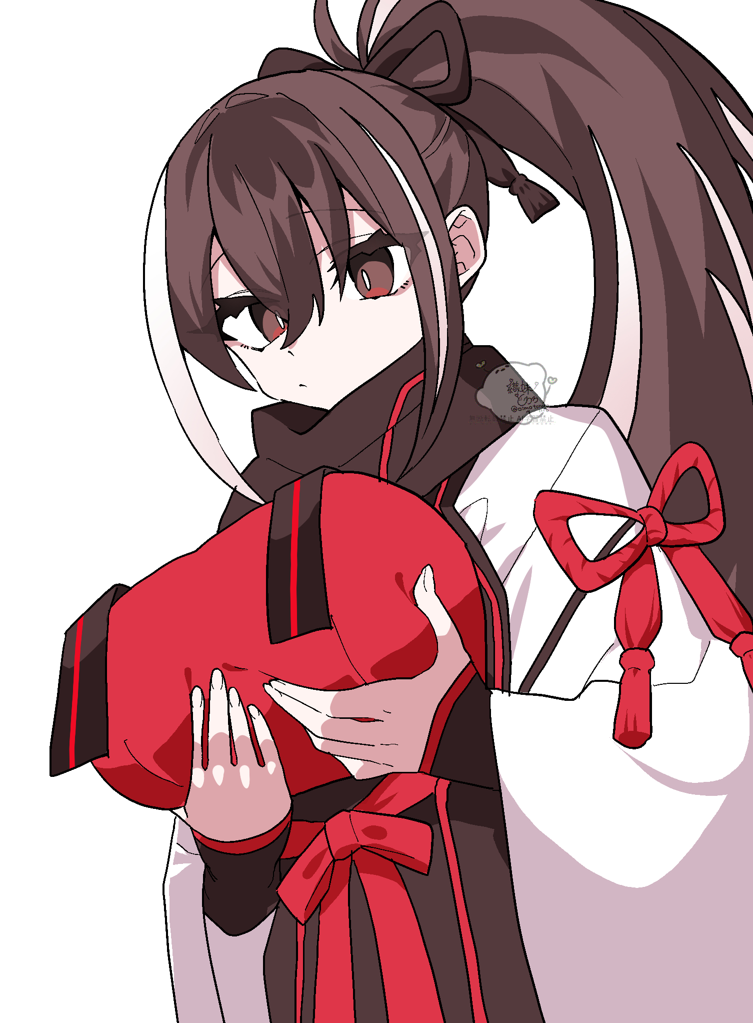 oimotororo1116, kawakami gensai (fate), fate/grand order, fate (series), highres, 1girl, alternate breast size (larger), black eyes, black hair, breasts, grabbing own breast, japanese clothes, large breasts, multicolored hair, ponytail, solo, twitter username, watermark, white hair