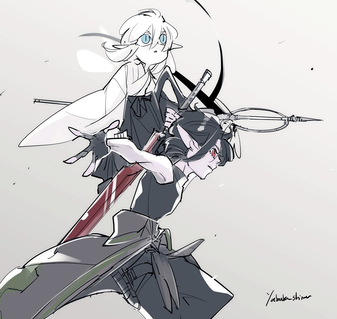 yabuka shiwa, final fantasy, final fantasy xiv, 2boys, black hair, blue eyes, fingerless gloves, gloves, holding, holding polearm, holding weapon, multiple boys, polearm, red eyes, weapon, white background, white hair, wide sleeves