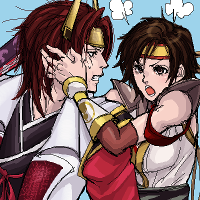 henyo, ishida mitsunari, ishida mitsunari (sengoku musou), nene, nene (sengoku musou), sengoku musou, sengoku musou 2, fume, bad id, bad pixiv id, lowres, 1boy, 1girl, angry, bare shoulders, blue background, brown eyes, brown hair, clenched teeth, gauntlets, headpiece, simple background, sweatdrop, teeth