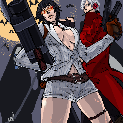 henyo, dante (devil may cry), lady (devil may cry), capcom, devil may cry, devil may cry (series), devil may cry 4, bad id, bad pixiv id, lowres, 00s, 1boy, 1girl, bat (animal), bazooka, belt, black hair, breasts, flower, glasses, gloves, gun, handgun, m20 super bazooka, man-portable anti-tank systems, mask, midriff, moon, mouth hold, oekaki, pistol, rocket launcher, rose, semi-automatic pistol, short hair, thigh strap, weapon, white hair