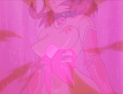 angel blade (character), shinguuji moena, angel blade, screencap, animated, animated gif, lowres, 00s, 1girl, back tattoo, bouncing breasts, breast expansion, breasts, brown hair, bustier, close-up, collar, detached sleeves, female focus, glowing, heart, helmet, huge breasts, lingerie, pubic tattoo, short hair, solo, tattoo, transformation, underwear