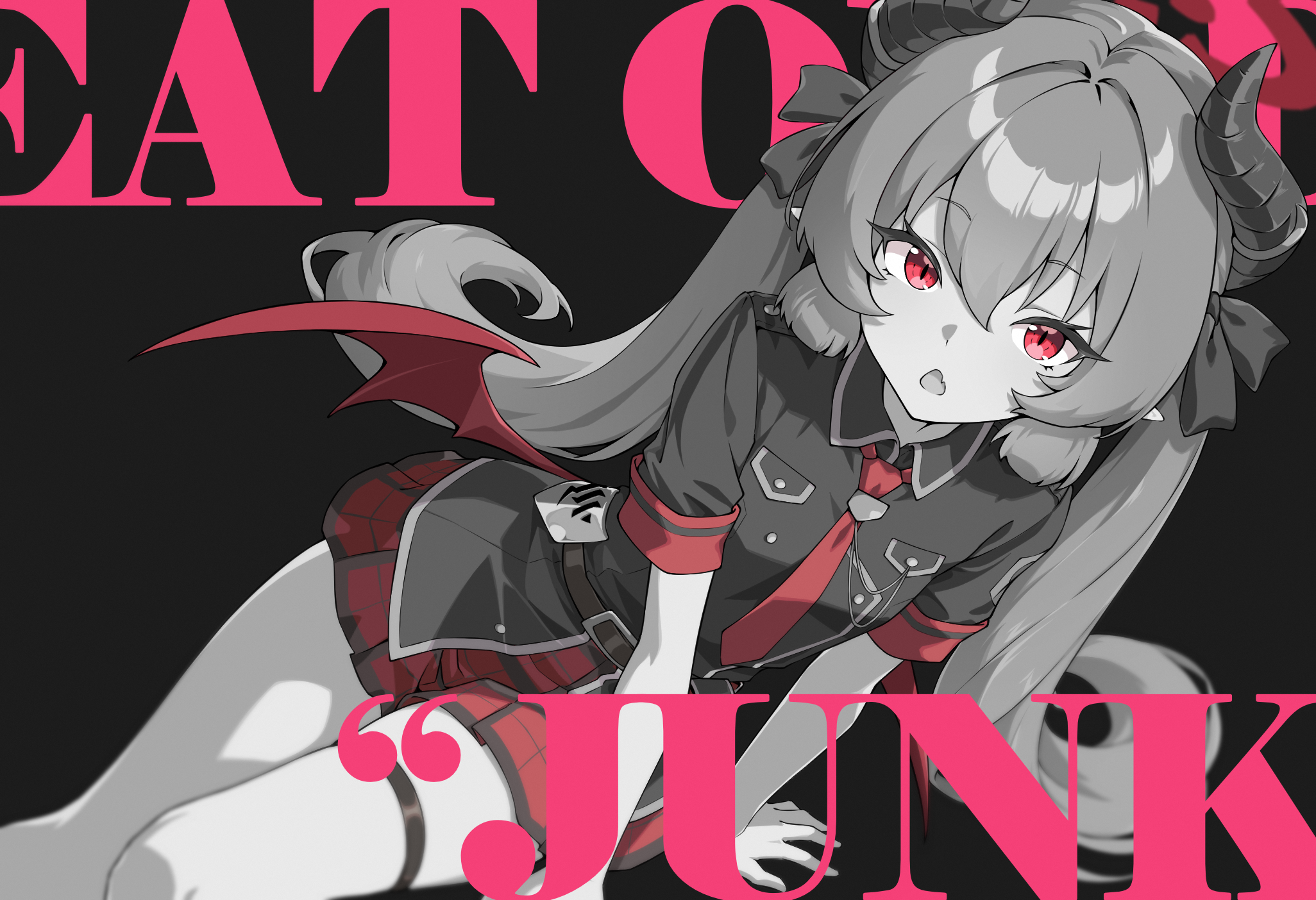 hr.r, junko (blue archive), blue archive, commentary request, highres, 1girl, character name, demon horns, demon wings, english text, gehenna academy logo, hair between eyes, hair ribbon, halo, horns, long hair, looking at viewer, mindscape cinema (zenless zone zero), necktie, open mouth, red eyes, red necktie, red skirt, ribbon, skirt, solo, spot color, twintails, wings