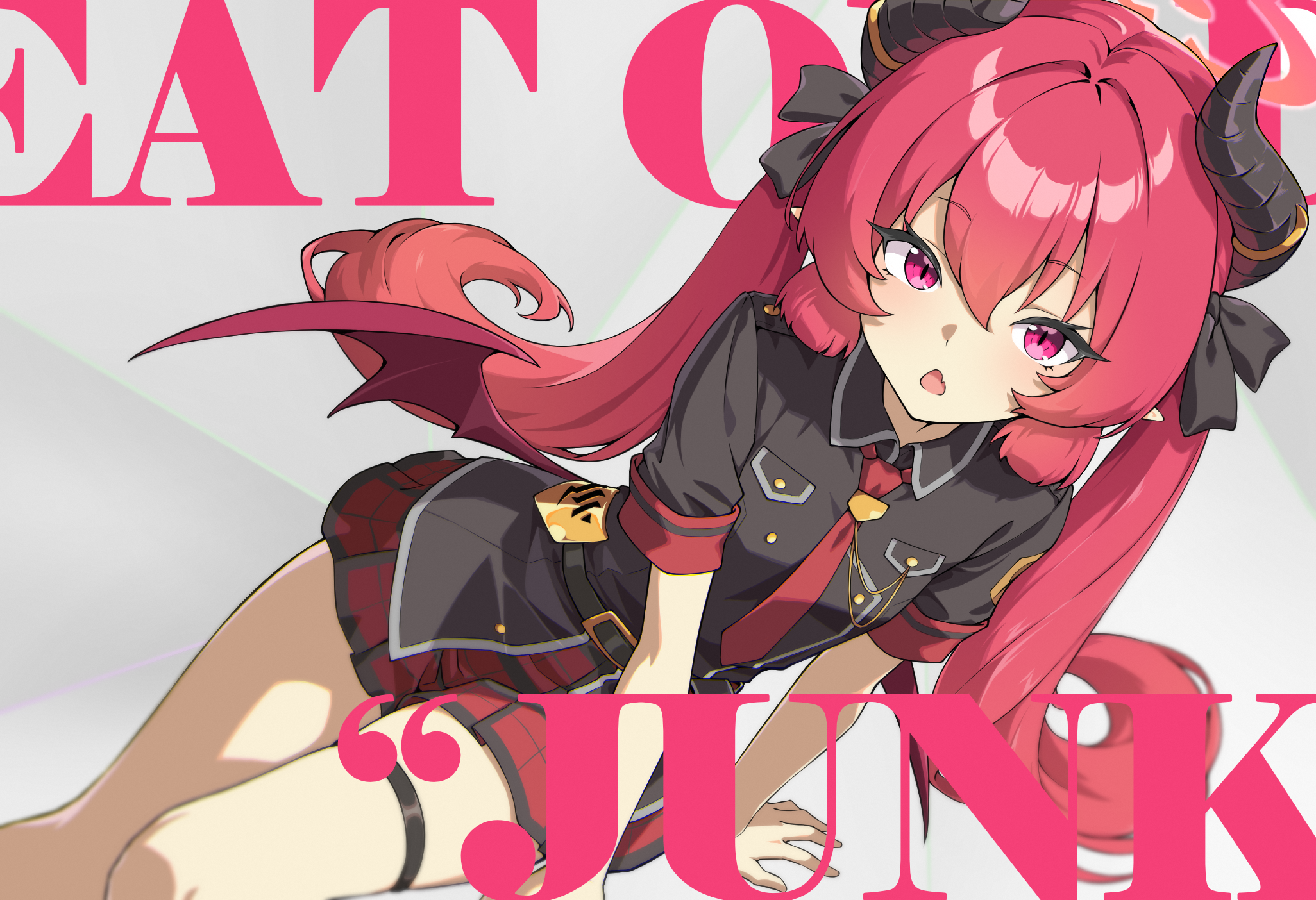 hr.r, junko (blue archive), blue archive, commentary request, highres, 1girl, black ribbon, character name, demon horns, demon wings, english text, gehenna academy logo, hair between eyes, hair ribbon, halo, horns, long hair, looking at viewer, mindscape cinema (zenless zone zero), necktie, open mouth, red hair, red necktie, red skirt, ribbon, skirt, solo, thigh strap, twintails, wings