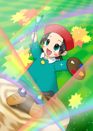 adeleine, kirby (series), kirby 64, nintendo, lowres, art brush, beret, blush, child, dress, happy, hat, paint palette, paintbrush, rainbow, red hat, smile, solo, sparkle, star (symbol), starburst, tree stump