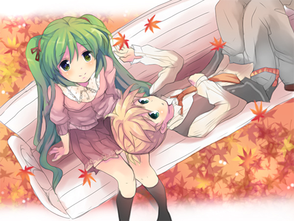 hikari no, hatsune miku, kagamine len, vocaloid, bench, black socks, blonde hair, blush, from above, green eyes, green hair, kneehighs, lap pillow, leaf, long hair, lying, necktie, on back, outdoors, sitting, skirt, smile, socks, thigh gap, thighs, very long hair