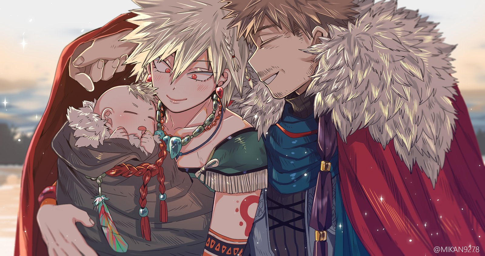 mikan (artist), bakugou katsuki, bakugou masaru, bakugou mitsuki, boku no hero academia, highres, 1girl, 2boys, arm around shoulder, arm tattoo, baby, bead necklace, beads, beard stubble, blonde hair, carrying, carrying baby, carrying person, cloak, closed eyes, closed mouth, facial hair, family, father and son, fur-trimmed cloak, fur trim, hair between eyes, husband and wife, jewelry, light blush, mother and son, multiple boys, mustache, necklace, outdoors, parent and child, parted lips, red cloak, red eyes, short sleeves, smile, spiked hair, stubble, tattoo, twitter username, upper body