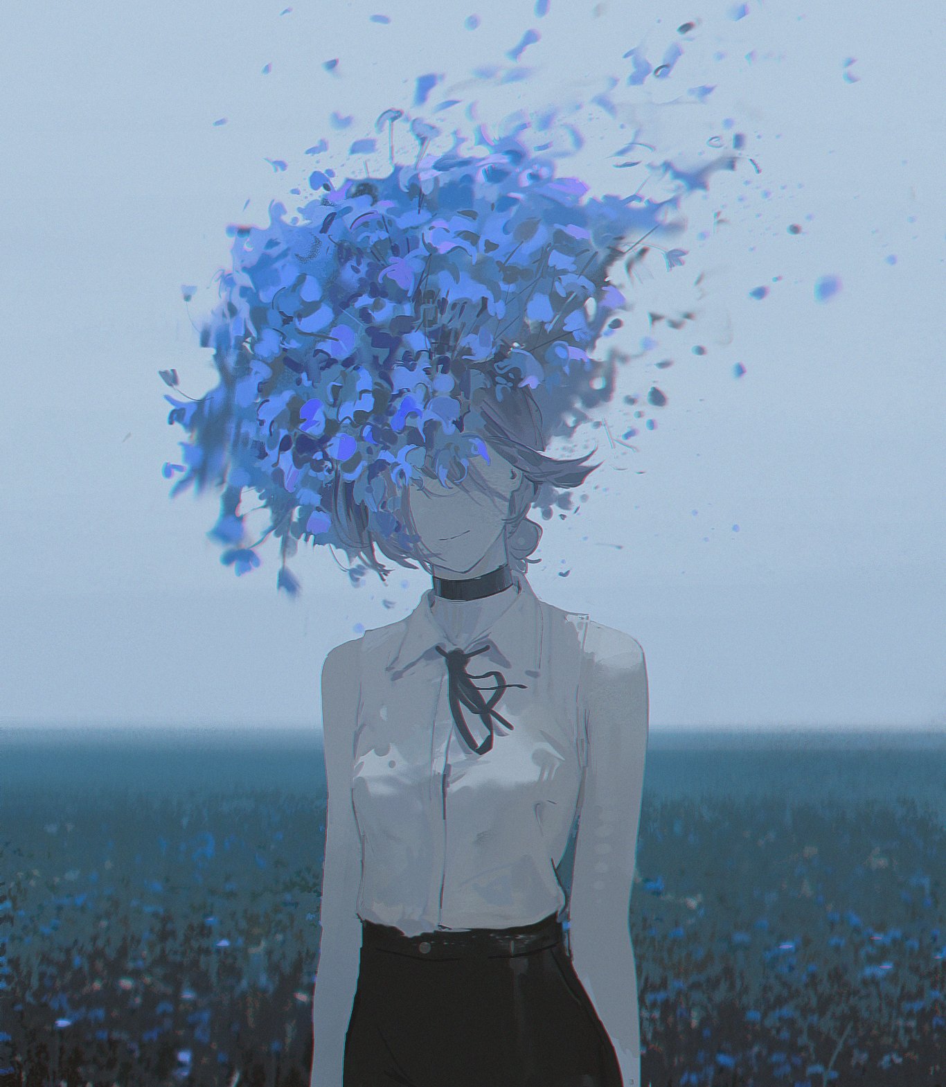 dino (dinoartforame), reze (chainsaw man), chainsaw man, highres, 1girl, black choker, black ribbon, black shorts, blue flower, choker, closed mouth, field, flower, flower field, neck ribbon, outdoors, overcast, ribbon, shirt, shirt tucked in, shorts, sky, sleeveless, sleeveless shirt, solo, white shirt