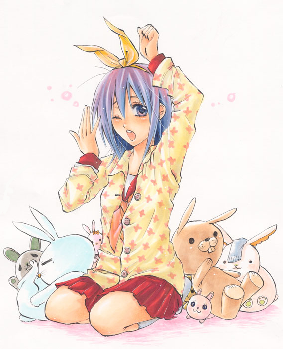 donuthouse, hiiragi tsukasa, lucky star, bad id, bad pixiv id, 00s, 1girl, blue eyes, female focus, one eye closed, pajamas, purple hair, ribbon, school uniform, serafuku, short hair, solo, stuffed animal, stuffed rabbit, stuffed toy, wink, yawning