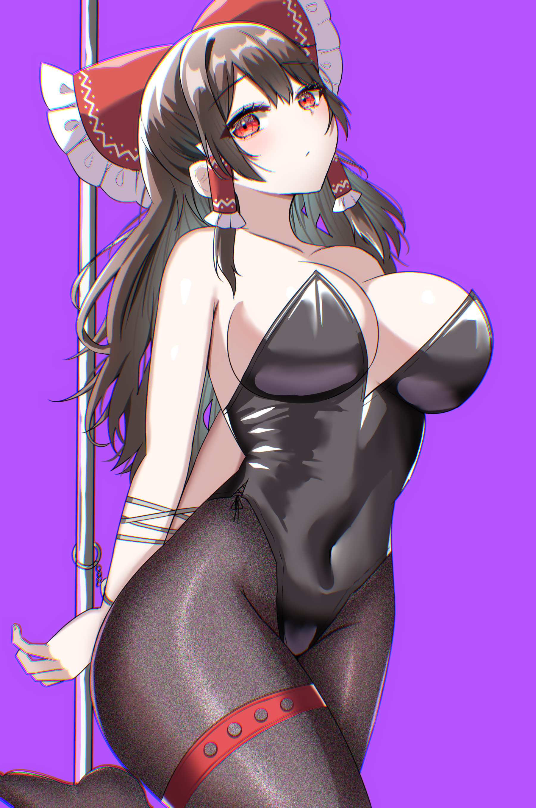 kiui (dagk8254), hakurei reimu, touhou, absurdres, commentary request, highres, partial commentary, 1girl, alternate breast size (larger), alternate costume, arms behind back, black hiphighs, black leotard, bound, bound arms, bow, breasts, brown hair, covered navel, frilled bow, frilled hair tubes, frills, hair tubes, highleg, highleg leotard, large breasts, leotard, long hair, looking at viewer, playboy bunny, pole, purple background, red eyes, solo, standing, standing on one leg, strapless, strapless leotard, very long hair