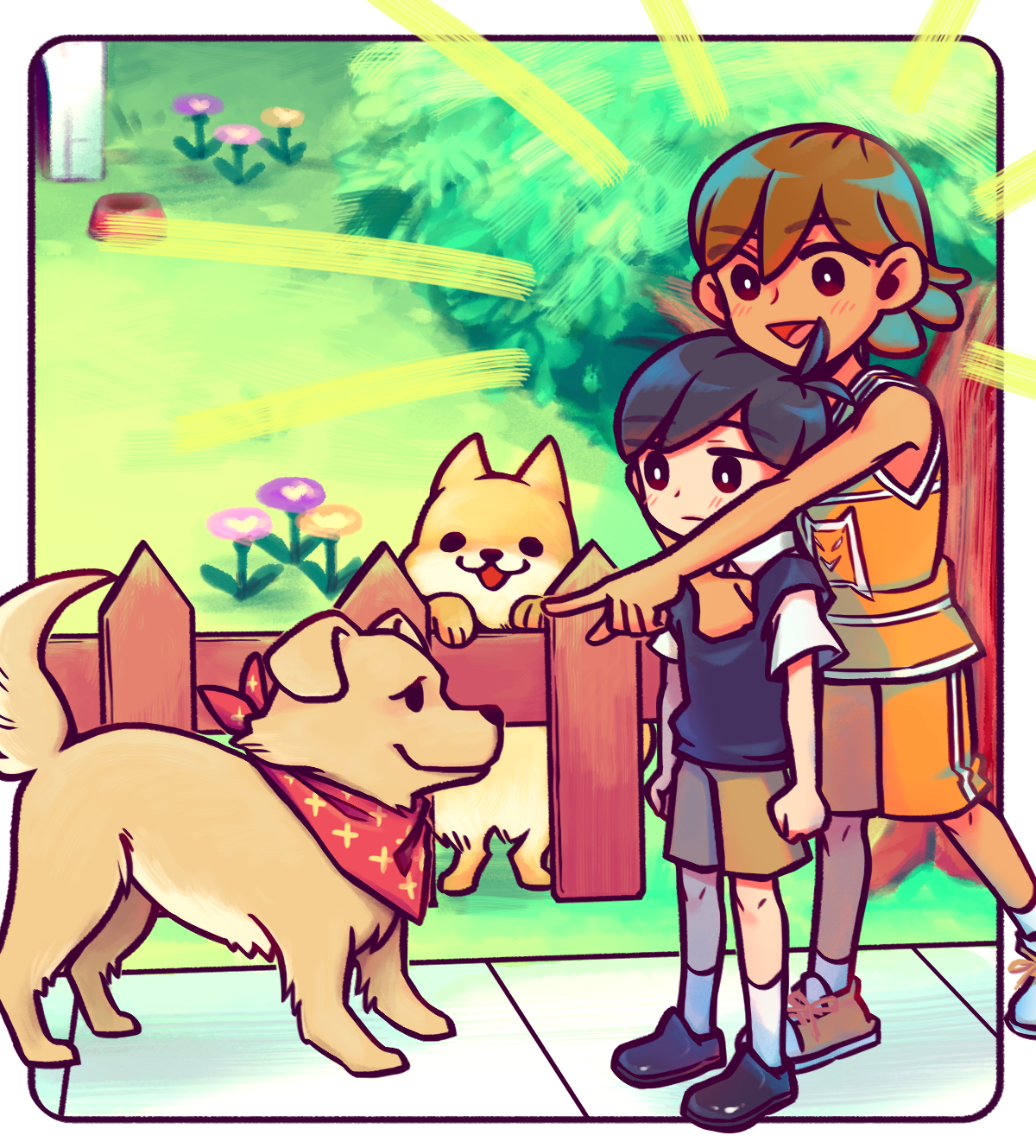 laser-lance, hector (omori), kel (faraway) (omori), kel (omori), sunny (omori), omori, highres, 2boys, antenna hair, arm around neck, bandana, black eyes, black hair, black shoes, blush, bowl, bright pupils, brown shorts, closed mouth, dark-skinned male, dark skin, day, dog, doghouse, double-parted bangs, fence, grass, hair between eyes, lucas (omori), male focus, multiple boys, open mouth, orange shoes, orange shorts, outdoors, pet bowl, picket fence, rearing, red bandana, shoes, short hair, shorts, sidewalk, smile, sneakers, socks, tree, triangle mouth, white pupils, white socks, wooden fence