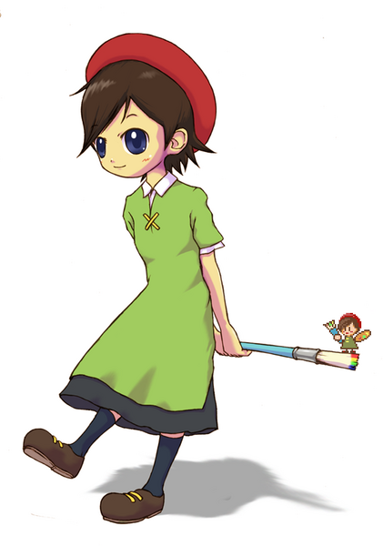 adeleine, ado, kirby's dream land 3, kirby (series), nintendo, 1girl, androgynous, art brush, beret, dress, female focus, game sprite, hat, paintbrush, pixel art, red hat, short hair, smock, solo