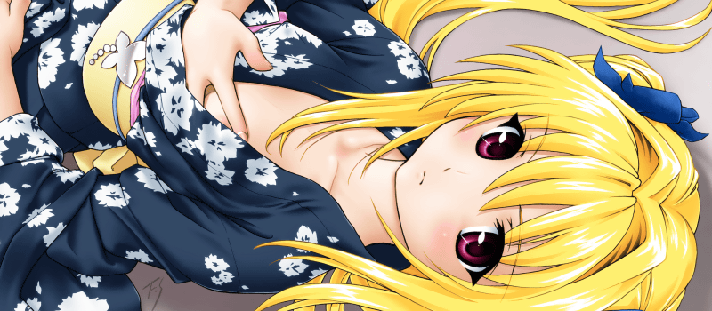 fuji shinobu, konjiki no yami, to love-ru, 00s, 1girl, blonde hair, female focus, flat chest, japanese clothes, kimono, loli, long hair, looking at viewer, lying, open clothes, open kimono, purple eyes, solo, yukata