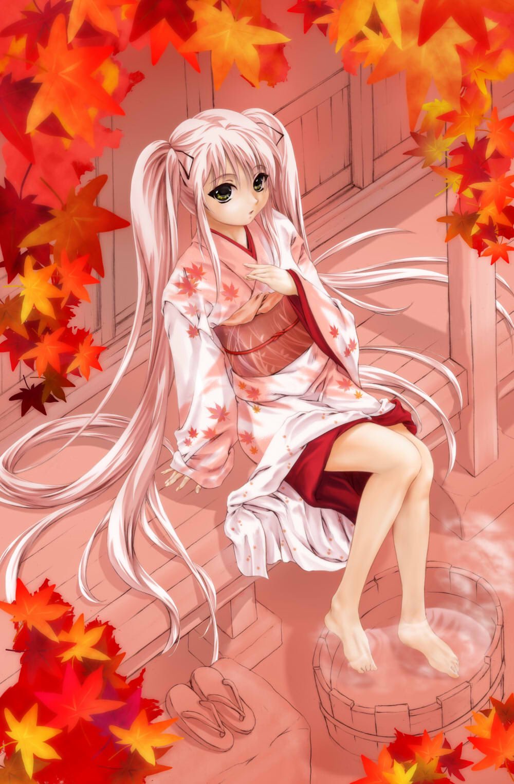 igarashi kei, original, character request, check character, commentary request, highres, 1girl, :o, absurdly long hair, autumn leaves, barefoot, black ribbon, building, feet, foot bath, from above, hair ribbon, hand on own chest, japanese clothes, kimono, leaf, leaf print, long hair, long sleeves, looking at viewer, maple leaf, maple leaf print, obi, outdoors, parted lips, pink background, pink hair, ribbon, sandals, sash, sidelocks, sitting, soaking feet, solo, twintails, unworn sandals, veranda, very long hair, white kimono, wide sleeves, yellow eyes