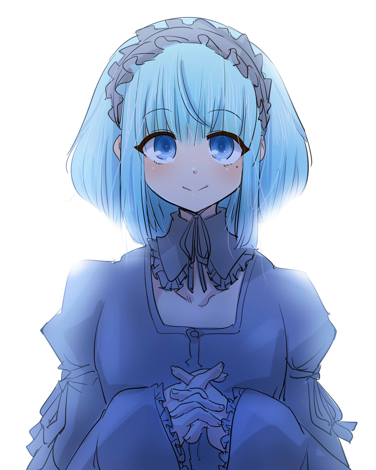itini-sanshi, 2channel, commentary request, highres, 1boy, 2channel (/livejupiter/), aile-kun, blue eyes, blue hair, blush, closed mouth, crossdressing, crossdressing (mtf), dress, frilled hairband, frilled sleeves, frills, grey dress, grey hairband, hairband, interlocked fingers, long sleeves, looking at viewer, male focus, medium hair, mole, mole under eye, simple background, smile, solo, trap, upper body, white background