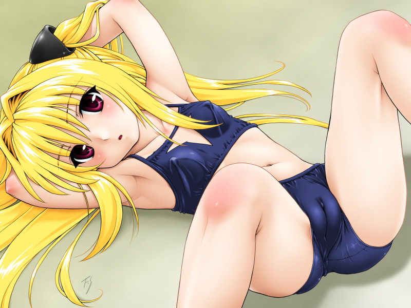fuji shinobu, konjiki no yami, to love-ru, 00s, 1girl, armpits, arms up, blonde hair, breasts, cameltoe, covered erect nipples, female focus, long hair, looking at viewer, lying, midriff, navel, on back, open mouth, purple eyes, red eyes, small breasts, solo