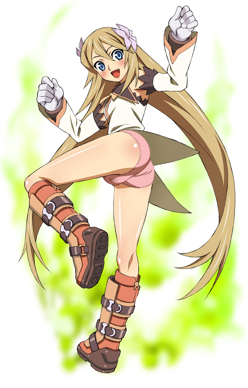 kekke, marta lualdi, tales of (series), tales of symphonia, tales of symphonia: dawn of the new world, highres, 00s, 1girl, blue eyes, blush, boots, bottomless, brown hair, detached sleeves, fang, female focus, flower, gloves, knee boots, knees, long hair, no pants, panties, pink panties, solo, stain, stained panties, thighs, twintails, underwear, very long hair, wet, wet clothes, wet panties
