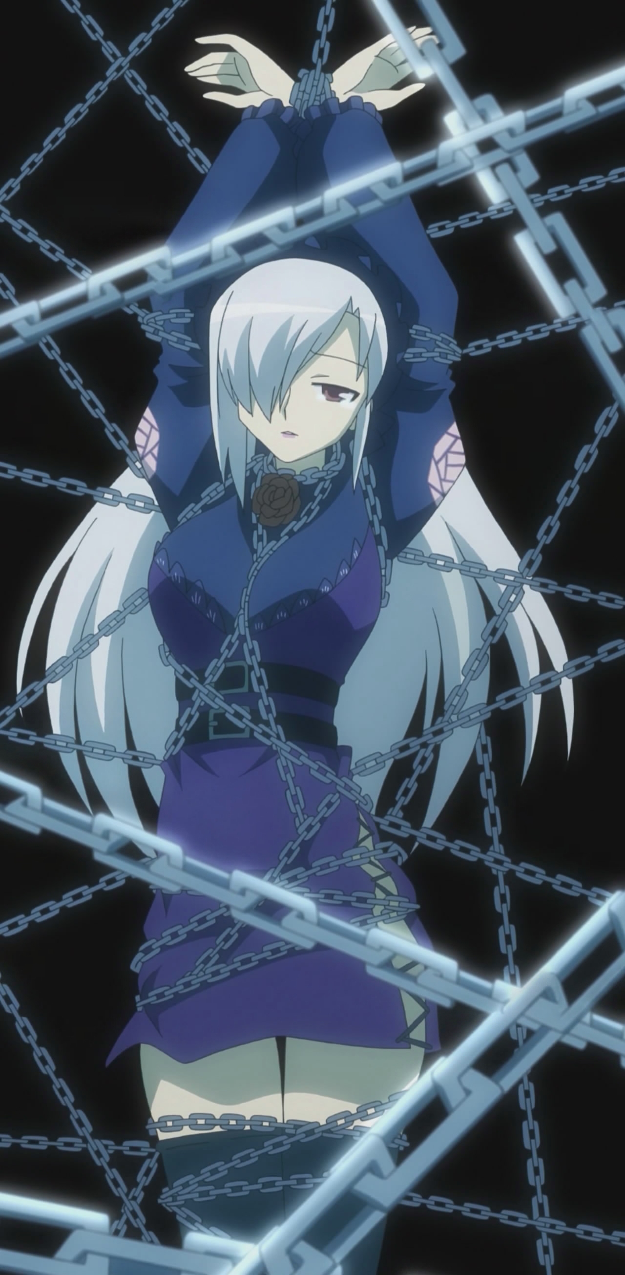 midarezaki chika, kyouran kazoku nikki, silver hair, absurdres, anime screenshot, highres, stitched, third-party edit, 00s, chain, long hair, red eyes, solo, very long hair