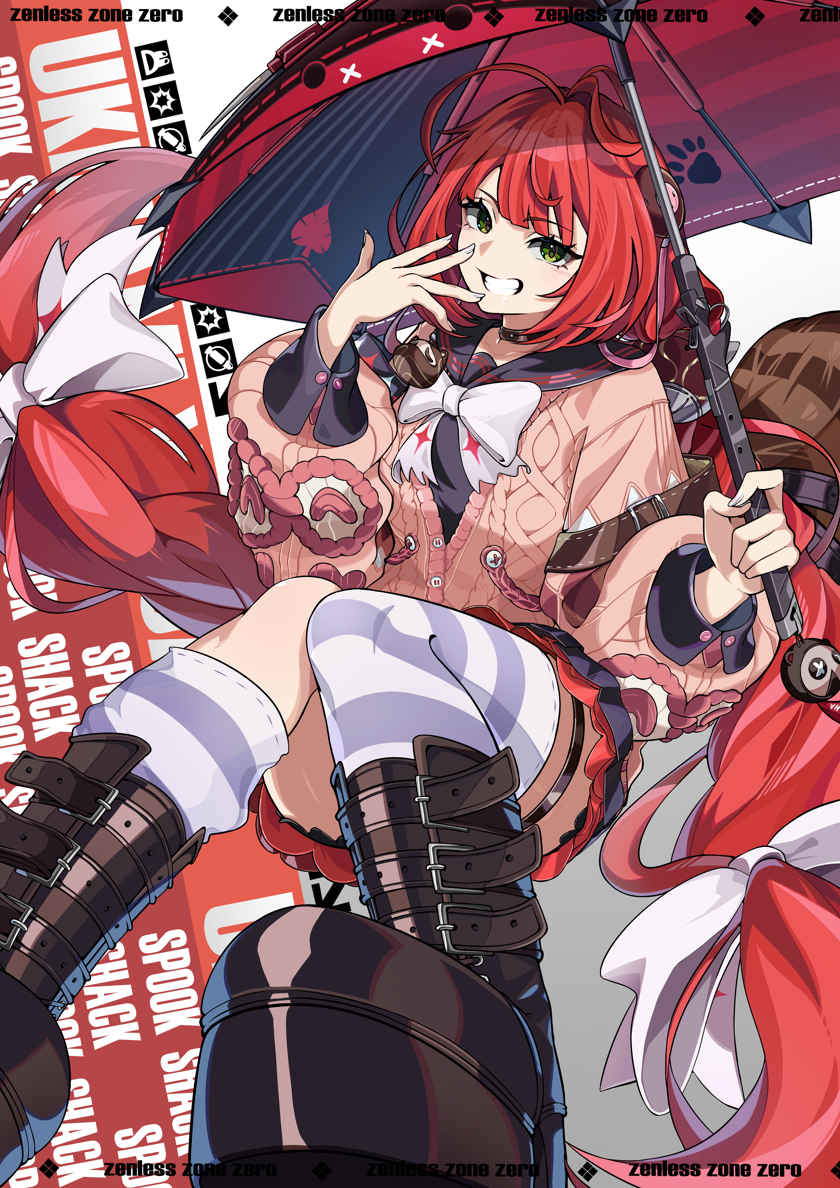 user euhn7282, kamanosuke (zenless zone zero), ukinami yuzuha, zenless zone zero, absurdres, highres, 1girl, ahoge, black boots, black choker, black sailor collar, black shirt, black skirt, boots, bow, braid, cardigan, character name, choker, closed mouth, copyright name, green eyes, grey thighhighs, hair bow, holding, holding umbrella, long hair, looking at viewer, low twin braids, pink cardigan, red hair, sailor collar, shirt, skirt, smile, solo, striped clothes, striped thighhighs, thighhighs, twin braids, umbrella, very long hair, white bow