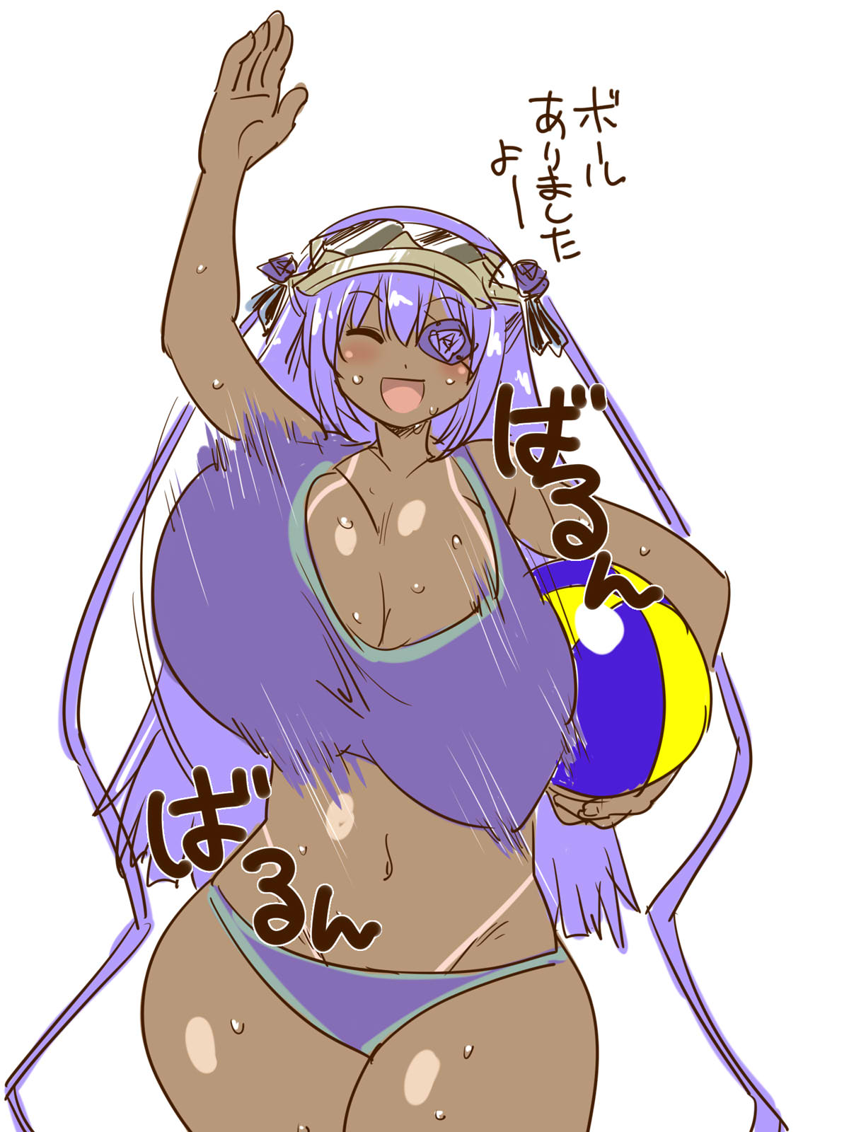 itini-sanshi, barasuishou, rozen maiden, commentary request, highres, translation request, 1girl, :d, alternate breast size (larger), alternate costume, arm up, ball, beachball, bikini, bouncing breasts, breasts, cleavage, closed eyes, cowboy shot, dark-skinned female, dark skin, flower eyepatch, grey hat, hat, holding, holding ball, holding beachball, huge breasts, long hair, navel, open mouth, purple bikini, purple hair, simple background, smile, solo, swimsuit, visor cap, waving, white background