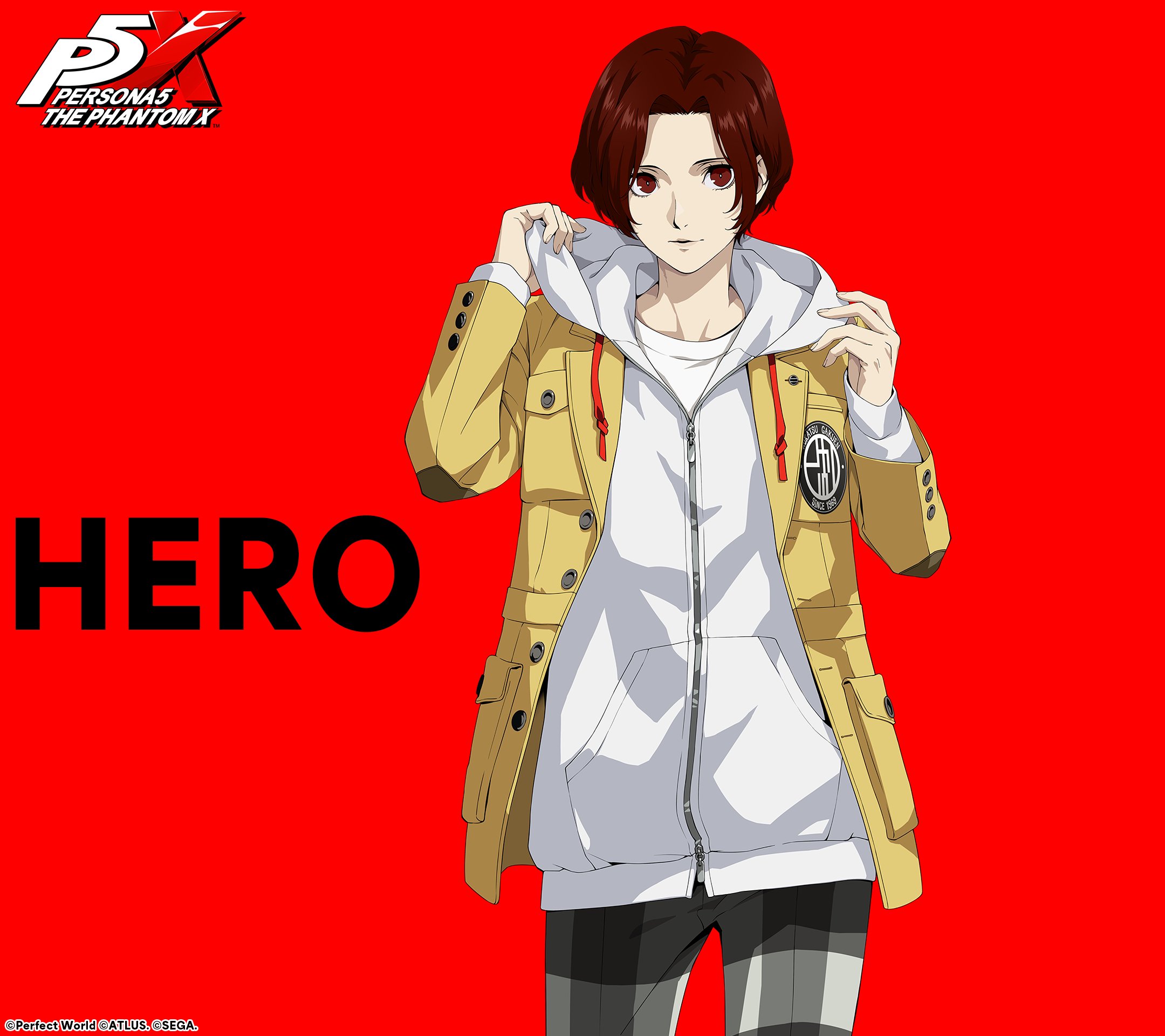 persona, persona 5, persona 5: the phantom x, artist request, commentary request, highres, second-party source, 1boy, closed mouth, copyright name, grey pants, hood, hood down, hoodie, jacket, kamishiro nagisa, long sleeves, looking at viewer, male focus, open clothes, open jacket, pants, plaid clothes, plaid pants, red background, red eyes, school uniform, shirt, short hair, simple background, smile, solo, white shirt, yellow jacket