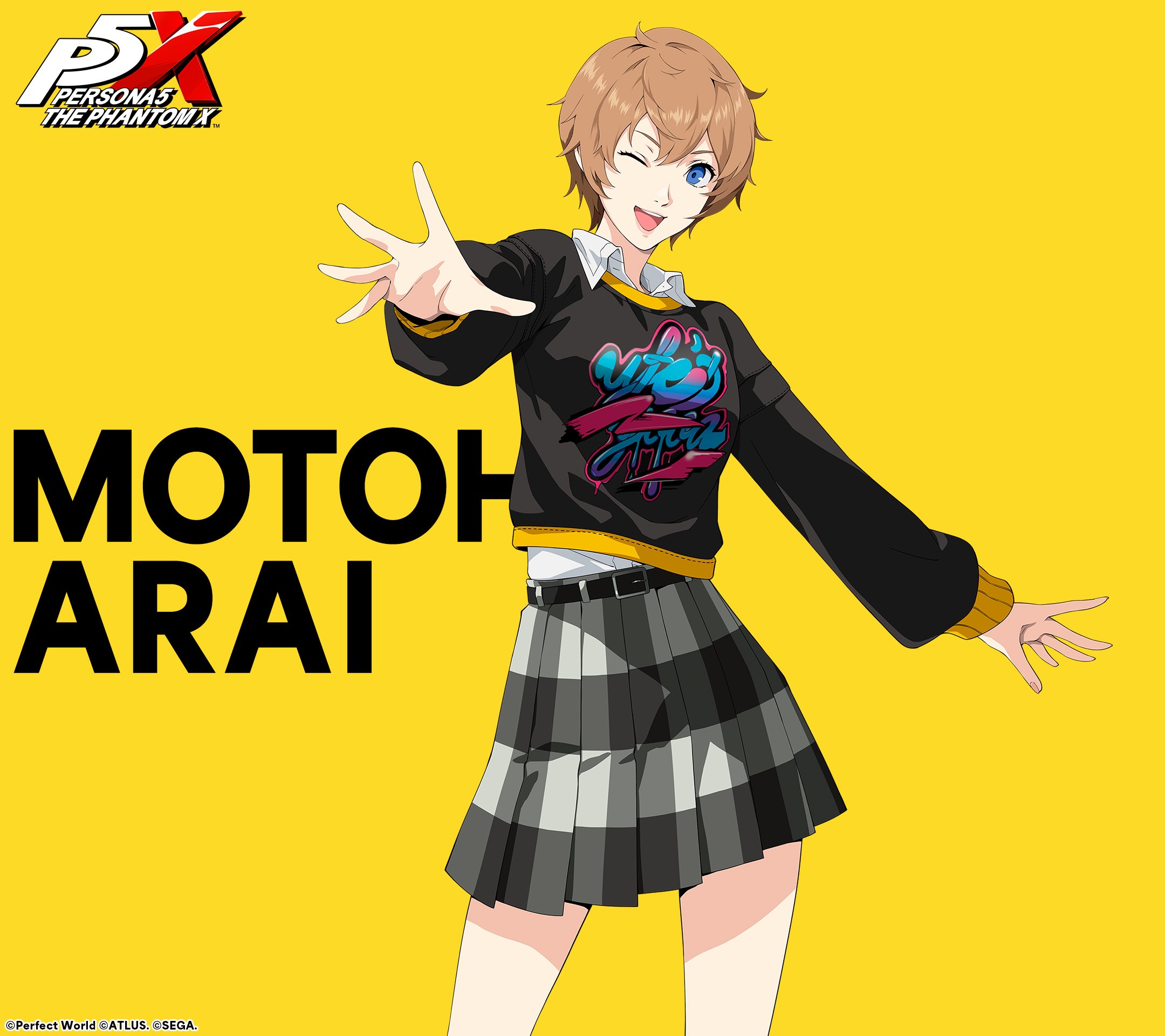 arai motoha, persona, persona 5, persona 5: the phantom x, artist request, commentary request, highres, official art, second-party source, 1girl, black sweater, blonde hair, blue eyes, character name, collared shirt, copyright name, grey skirt, hair between eyes, long sleeves, one eye closed, open mouth, plaid clothes, plaid skirt, pleated skirt, school uniform, shirt, short hair, simple background, skirt, smile, solo, sweater, yellow background