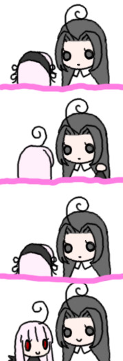kakizaki megu, suigintou, rozen maiden, 00s, 2girls, ahoge, black eyes, black hair, hairband, lolita hairband, long hair, multiple girls, red eyes, simple background, upper body, very long hair, white background