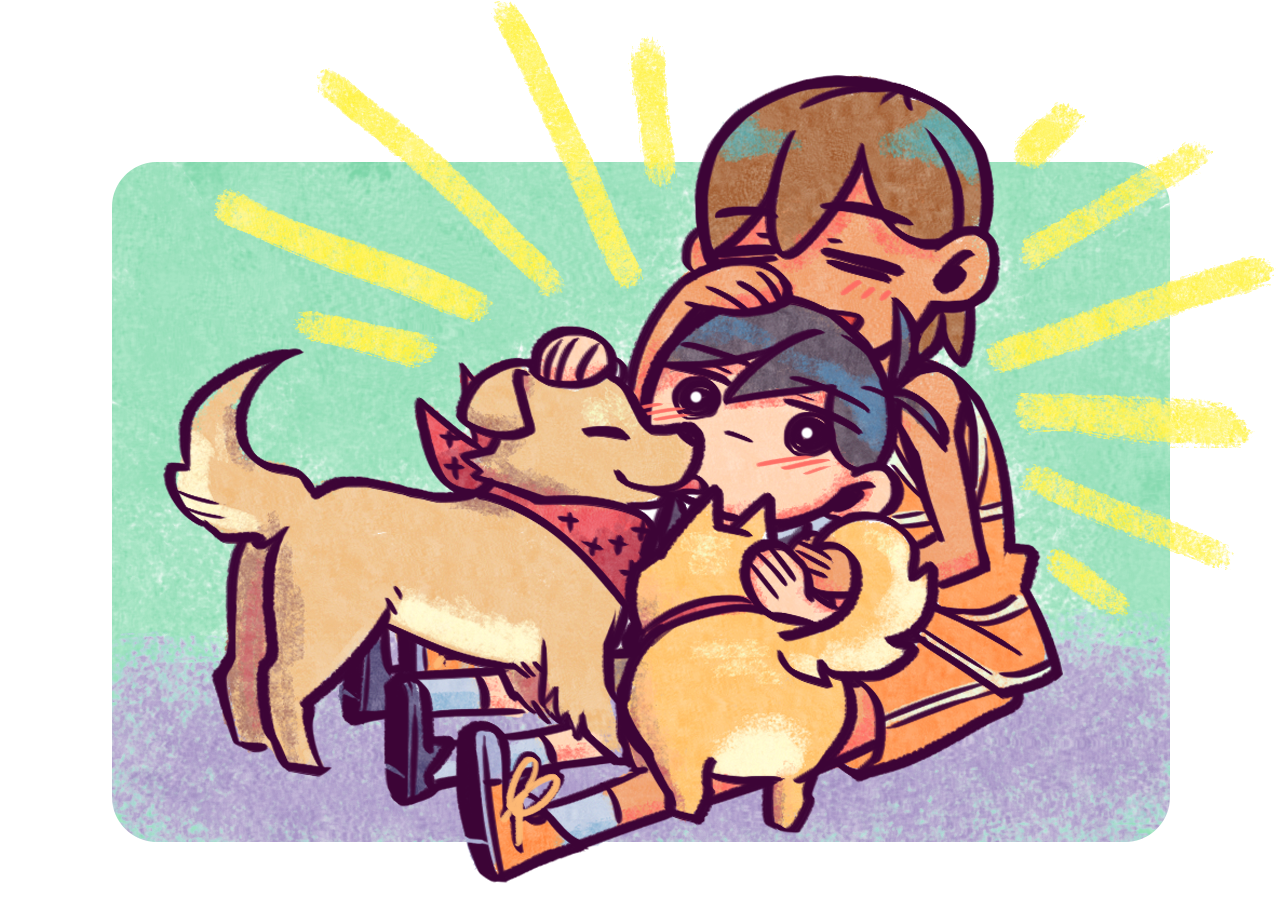 laser-lance, hector (omori), kel (faraway) (omori), kel (omori), sunny (omori), omori, 2boys, = =, bandana, black hair, black shoes, black sweater vest, blush, bright pupils, closed eyes, closed mouth, dark-skinned male, dark skin, dog, hand on another's head, headpat, lucas (omori), male focus, multiple boys, open mouth, orange shorts, petting, red bandana, shirt, shoes, shorts, sitting, smile, socks, sweater vest, white pupils, white shirt, white socks