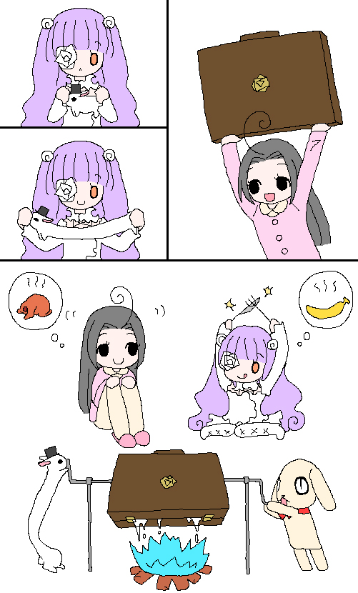 kakizaki megu, kirakishou, kunkun, laplace's demon (rozen maiden), laplace no ma, rozen maiden, 00s, 2girls, ahoge, animal, arms up, blunt bangs, comic, dog, doll, long sleeves, multiple girls, pajamas, speech bubble, suitcase, thought bubble, upper body
