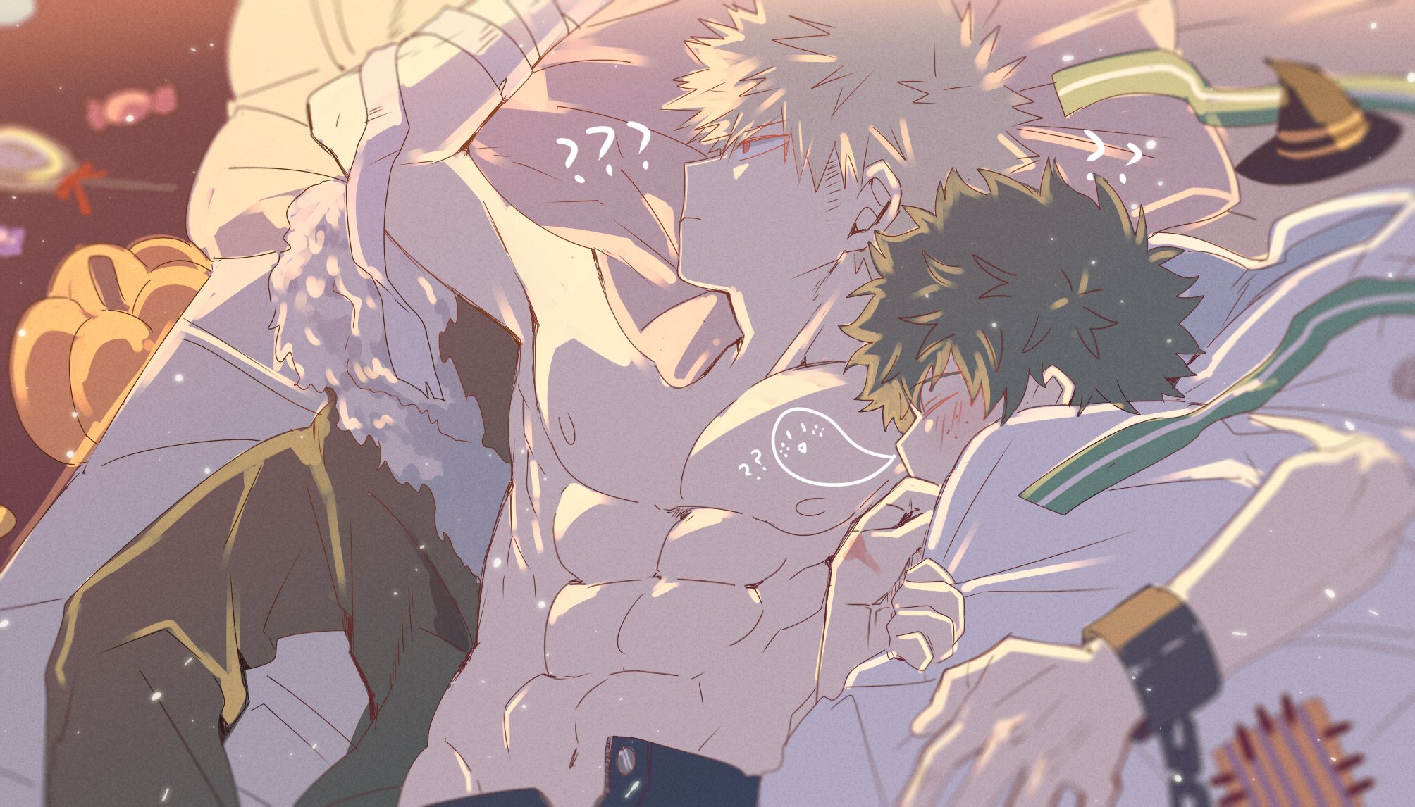 mikan (artist), bakugou katsuki, midoriya izuku, boku no hero academia, highres, 2boys, abs, arm around shoulder, bandaged arm, bandages, black pants, blonde hair, blush, chain, closed eyes, cuffs, freckles, fur-trimmed jacket, fur trim, green hair, hair between eyes, handcuffs, jacket, male focus, multiple boys, muscular, muscular male, navel, on bed, open fly, pants, pectorals, red eyes, sharp teeth, short hair, sleeping, teeth, topless male, unworn jacket, yaoi