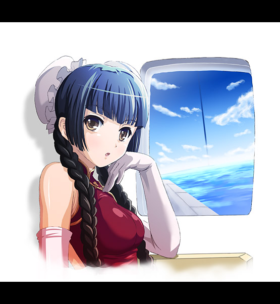 yone, wang liu mei, gundam, gundam 00, 00s, black hair, braid, bun cover, china dress, chinese clothes, day, double bun, dress, elbow gloves, gloves, hair bun, letterboxed, sky, solo, twin braids, yellow eyes