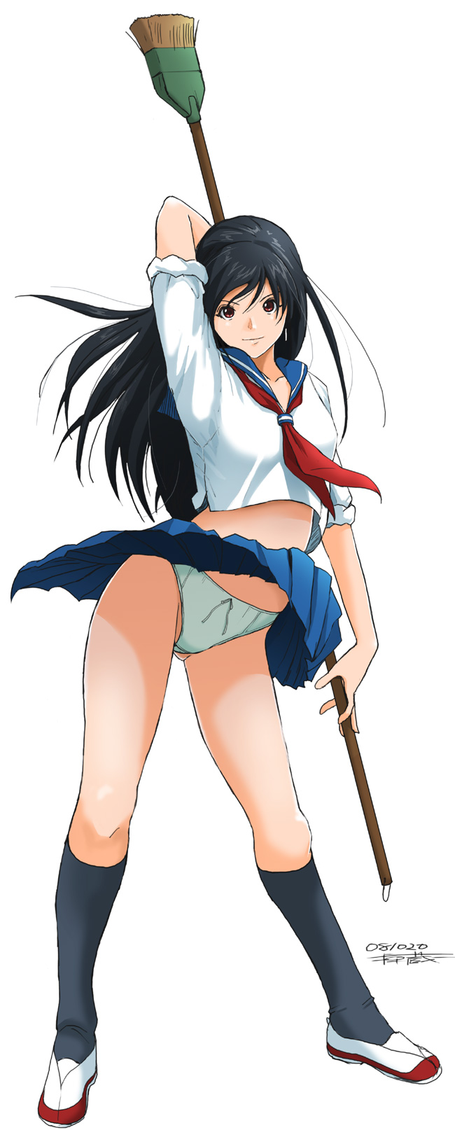 ryouzou, original, highres, 1girl, black hair, broom, brown eyes, clothes lift, female focus, full body, kneehighs, long hair, miniskirt, panties, pantyshot, school uniform, serafuku, shoes, simple background, skirt, skirt lift, smile, socks, solo, standing, underwear, upskirt, white panties, wind, wind lift