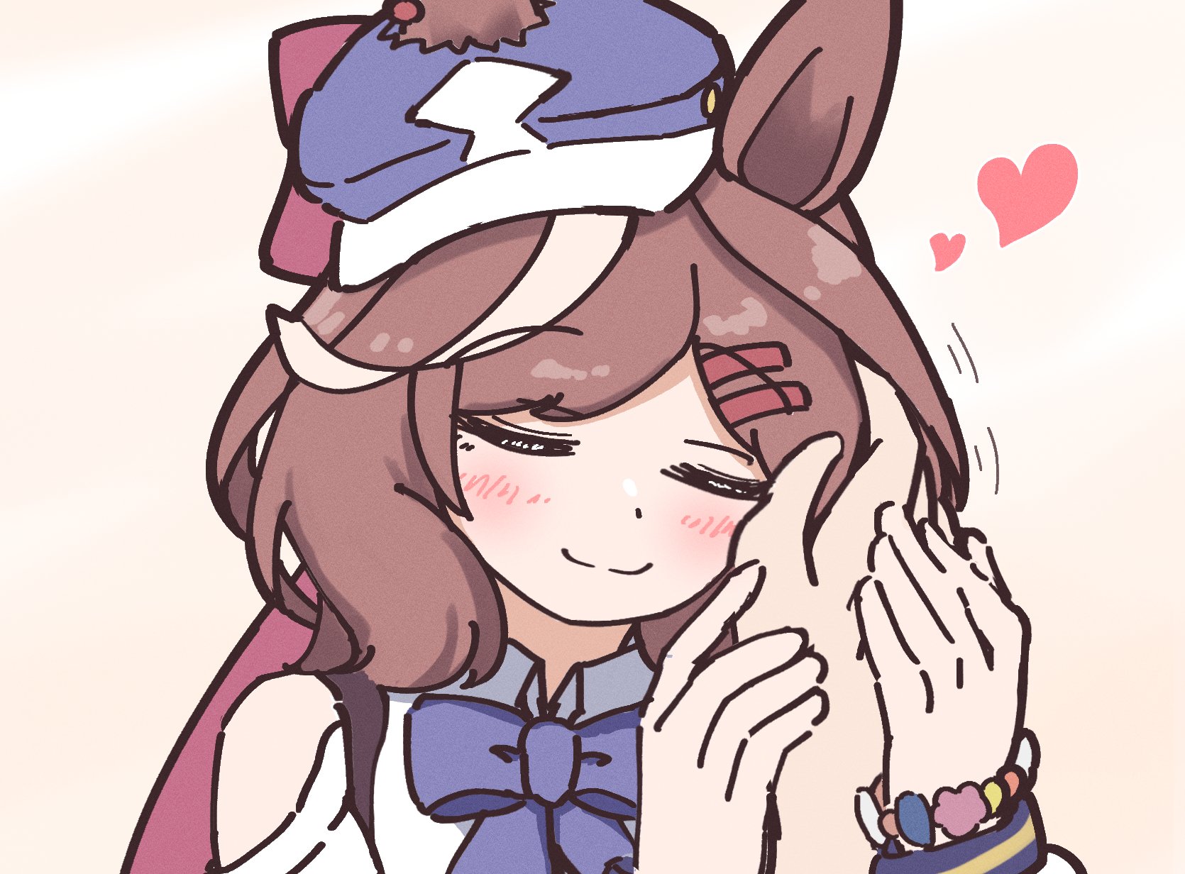 matikanetannhauser (panpaka tiltott) (umamusume), matikanetannhauser (umamusume), trainer (umamusume), umamusume, highres, animal ears, blush, bow, bowtie, bracelet, brown hair, caressing cheek, ear covers, ear ornament, ears through headwear, hair ornament, hairclip, hat, holding hands, horse ears, horse girl, ice illust07, jewelry, medium hair, multicolored hair, newsboy cap, streaked hair, tilted headwear