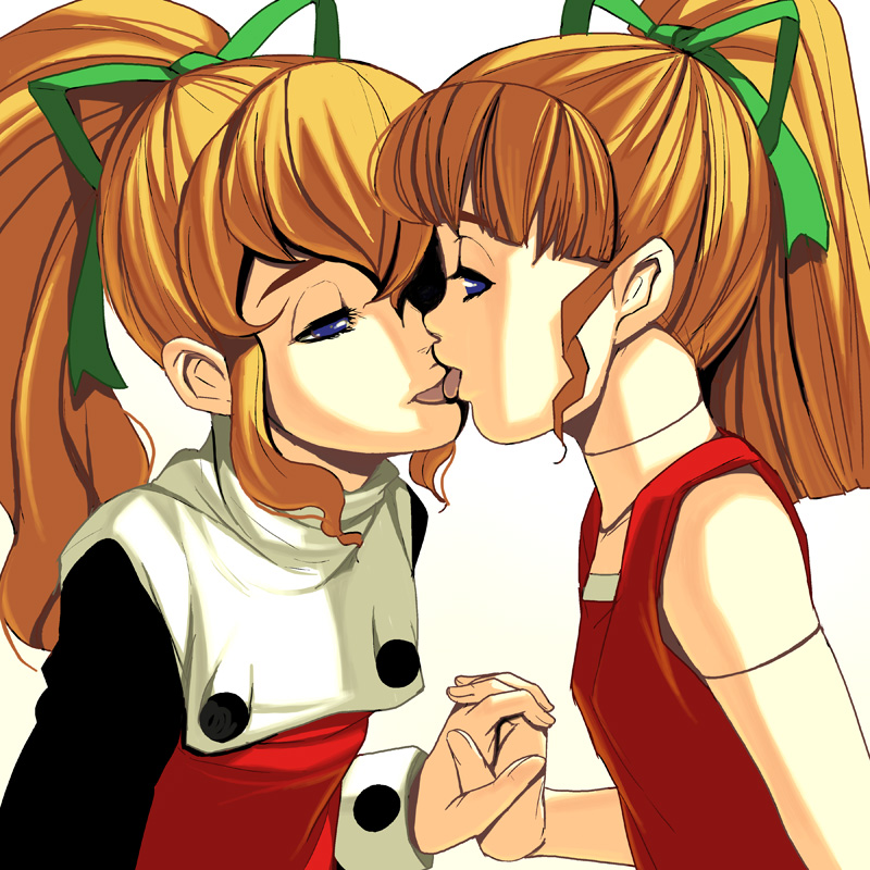 kouno (masao), roll (mega man), capcom, mega man (classic), mega man (series), bad id, bad pixiv id, 2girls, blonde hair, blue eyes, dual persona, french kiss, holding hands, kiss, long hair, multiple girls, ponytail, ribbon, selfcest, time paradox, tongue, yuri