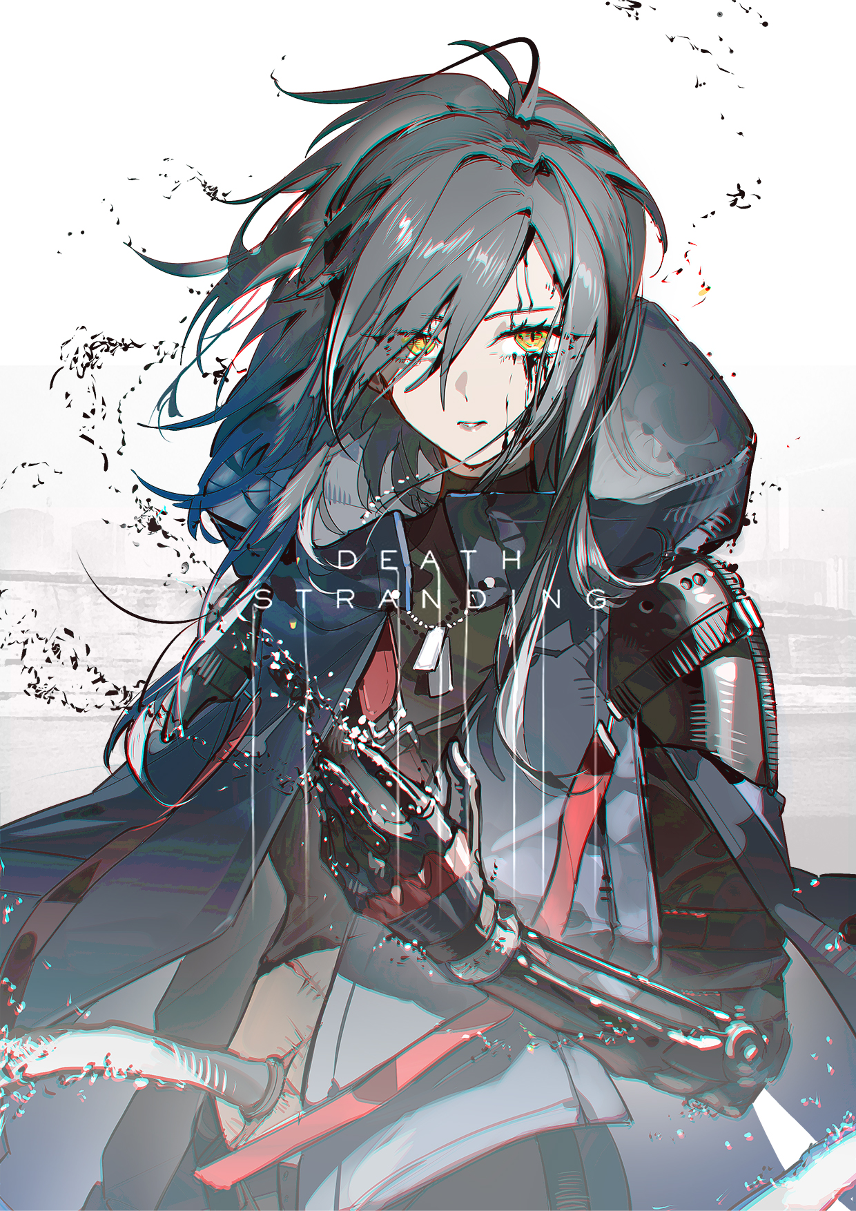 blueblossom, angelia (girls' frontline), death stranding, girls' frontline, commentary, highres, 1girl, black hair, closed mouth, copyright name, dog tags, long hair, looking at viewer, mechanical arms, multiple scars, prosthesis, prosthetic arm, scar, scar on stomach, simple background, single mechanical arm, solo, white background