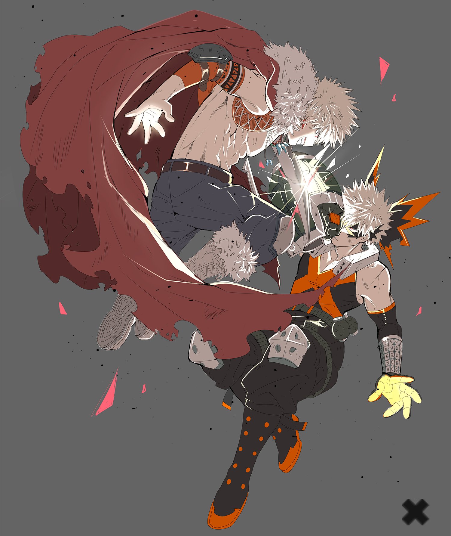 mikan (artist), bakugou katsuki, boku no hero academia, highres, 2boys, alternate universe, armored gloves, bare shoulders, black boots, black pants, blonde hair, boots, clenched teeth, cloak, cropped vest, detached sleeves, dirty, dirty face, dual persona, earrings, elbow pads, eye mask, fighting, food, fruit, fur-trimmed boots, fur-trimmed cloak, fur trim, furrowed brow, glowing hands, grey background, grey boots, grey pants, grin, hair between eyes, jewelry, knee pads, male focus, multiple boys, muscular, muscular male, orange (fruit), orange slice, pants, pectorals, red cloak, short hair, smile, spiked hair, superhero costume, teeth, torn clothes, vest