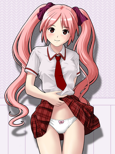 ponnetsu, 1girl, bow, bow panties, clothes lift, cowboy shot, female focus, long hair, looking at viewer, necktie, panties, pink hair, plaid clothes, plaid skirt, ponetsu, school uniform, serafuku, skirt, skirt lift, smile, solo, twintails, underwear, white panties