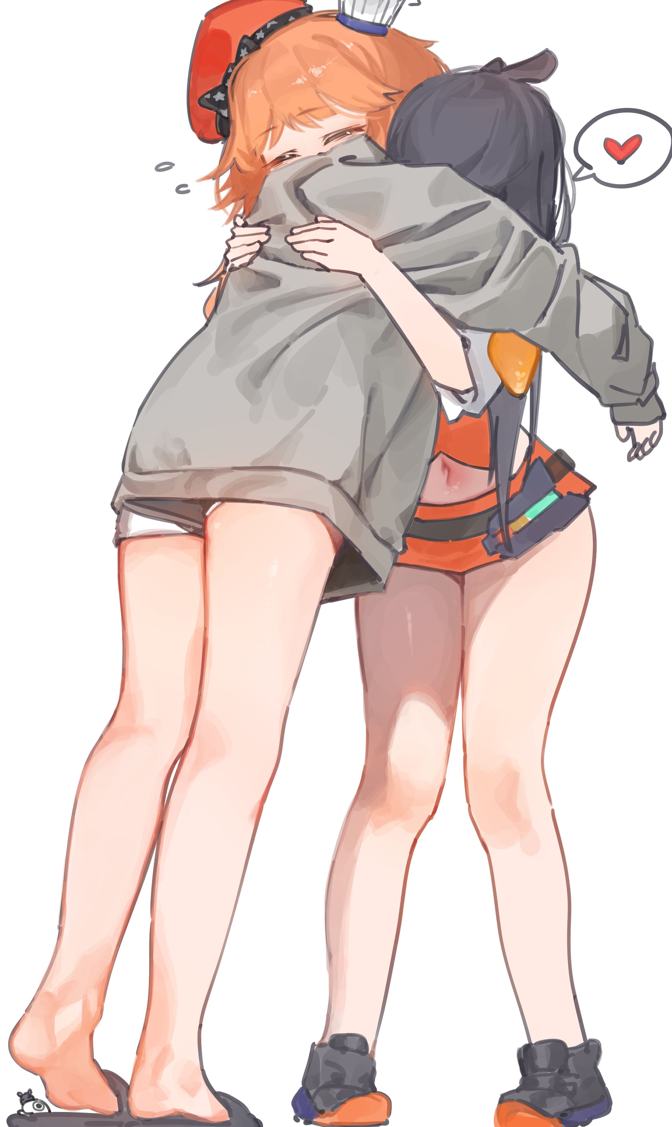 chocosong, ninomae ina'nis, ninomae ina'nis (loungewear), takanashi kiara, takanashi kiara (1st costume), hololive, hololive english, absurdres, highres, 2girls, beret, black hair, chef hat, closed eyes, flying sweatdrops, grey hoodie, hat, heart, hood, hoodie, hug, long hair, microskirt, multicolored hair, multiple girls, multiple hats, navel, official alternate costume, orange hair, orange skirt, simple background, skirt, slippers, spoken heart, standing, tentacle hair, virtual youtuber, white background