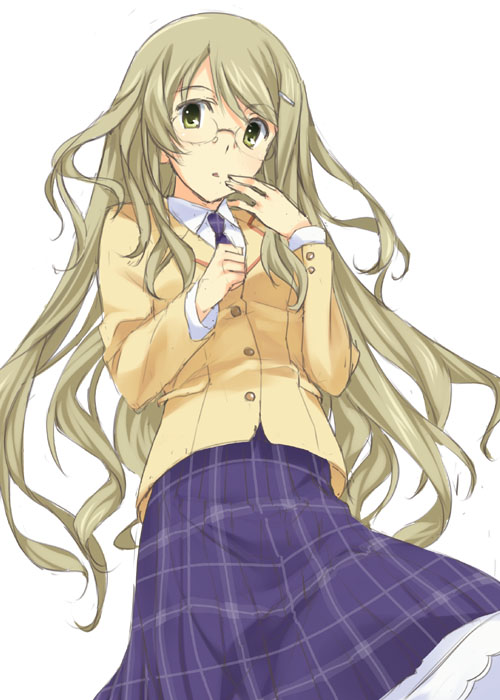 mizuki makoto, kusunoki yua, chaos;head, science adventure, 00s, 1girl, blazer, blonde hair, female focus, glasses, green eyes, hair ornament, hairclip, jacket, long hair, necktie, plaid clothes, plaid skirt, school uniform, simple background, skirt, solo, very long hair
