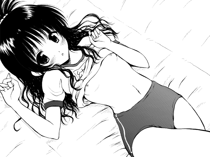 yuki tomoshi, yuuki mikan, to love-ru, 00s, blush, buruma, clothes lift, flat chest, greyscale, gym uniform, long hair, lying, midriff, monochrome, name tag, navel, nipples, shirt lift, solo
