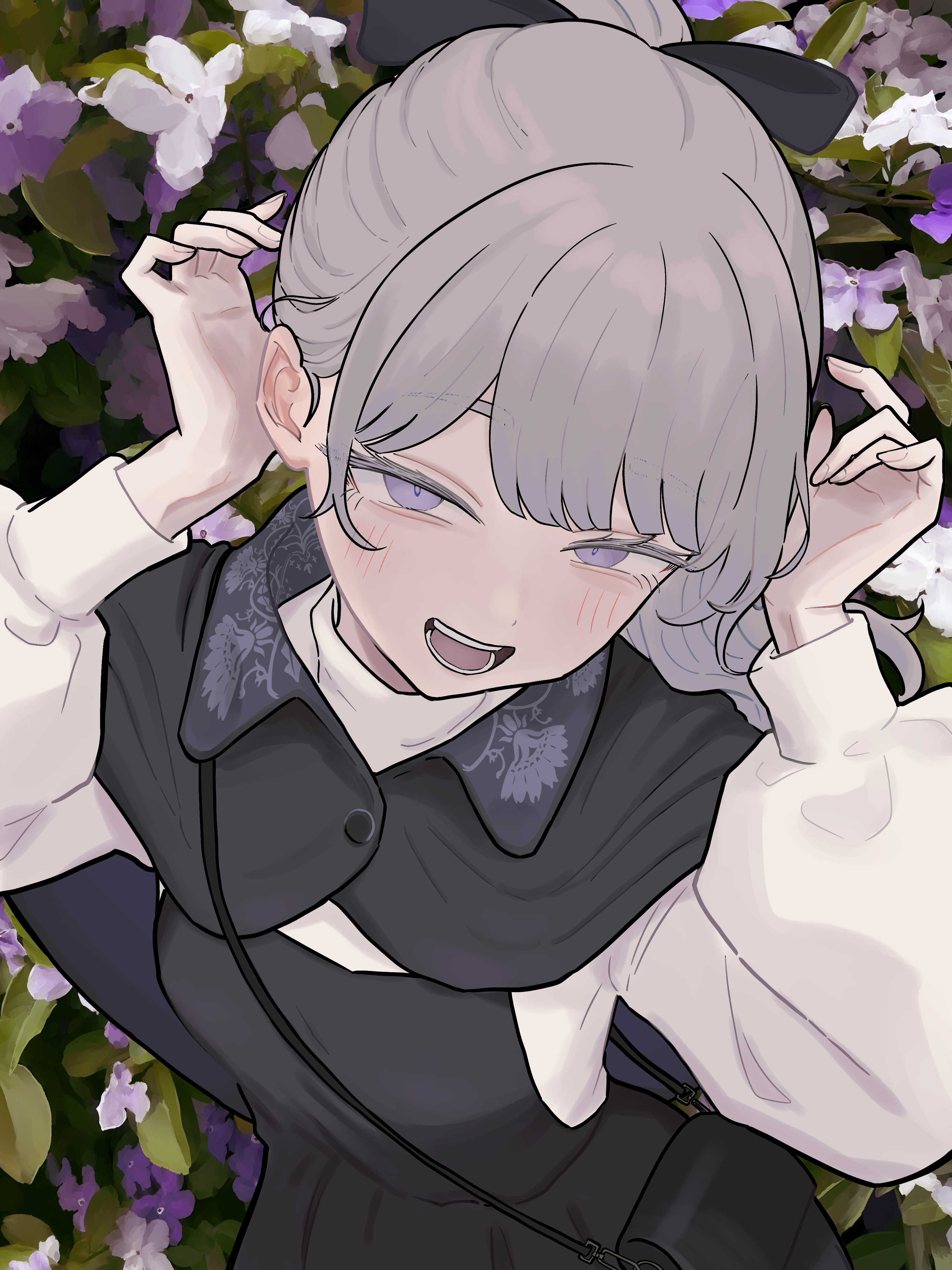tohu sand, lapwing (vrchat), vrchat, absurdres, highres, 1girl, arms up, bag, black bag, black bow, black shawl, blush, bow, floral background, flower, grey eyes, grey hair, long hair, long sleeves, looking at viewer, open mouth, ponytail, purple flower, shawl, shoulder bag, solo, teeth, tongue, upper body, white sleeves