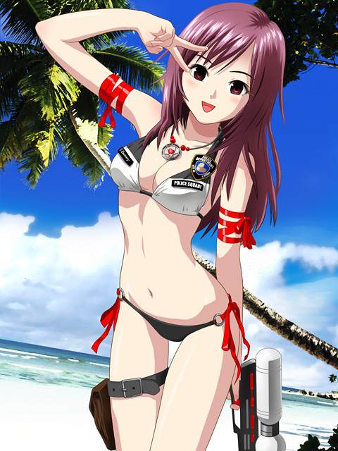 ponnetsu, 1girl, adapted costume, beach, bikini, cloud, day, female focus, halterneck, holster, o-ring, o-ring bikini, ocean, outdoors, palm tree, police, police uniform, policewoman, ponetsu, purple hair, ribbon, side-tie bikini bottom, sky, solo, swimsuit, thigh gap, thigh holster, thigh strap, tree, v, water gun, white bikini