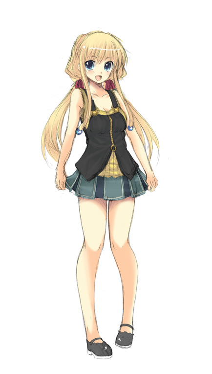 sakurai unan, original, 1girl, :d, bare shoulders, collarbone, female focus, full body, looking at viewer, mary janes, miniskirt, open mouth, plaid clothes, plaid skirt, shoes, simple background, skirt, smile, solo, standing, twintails, vest, white background