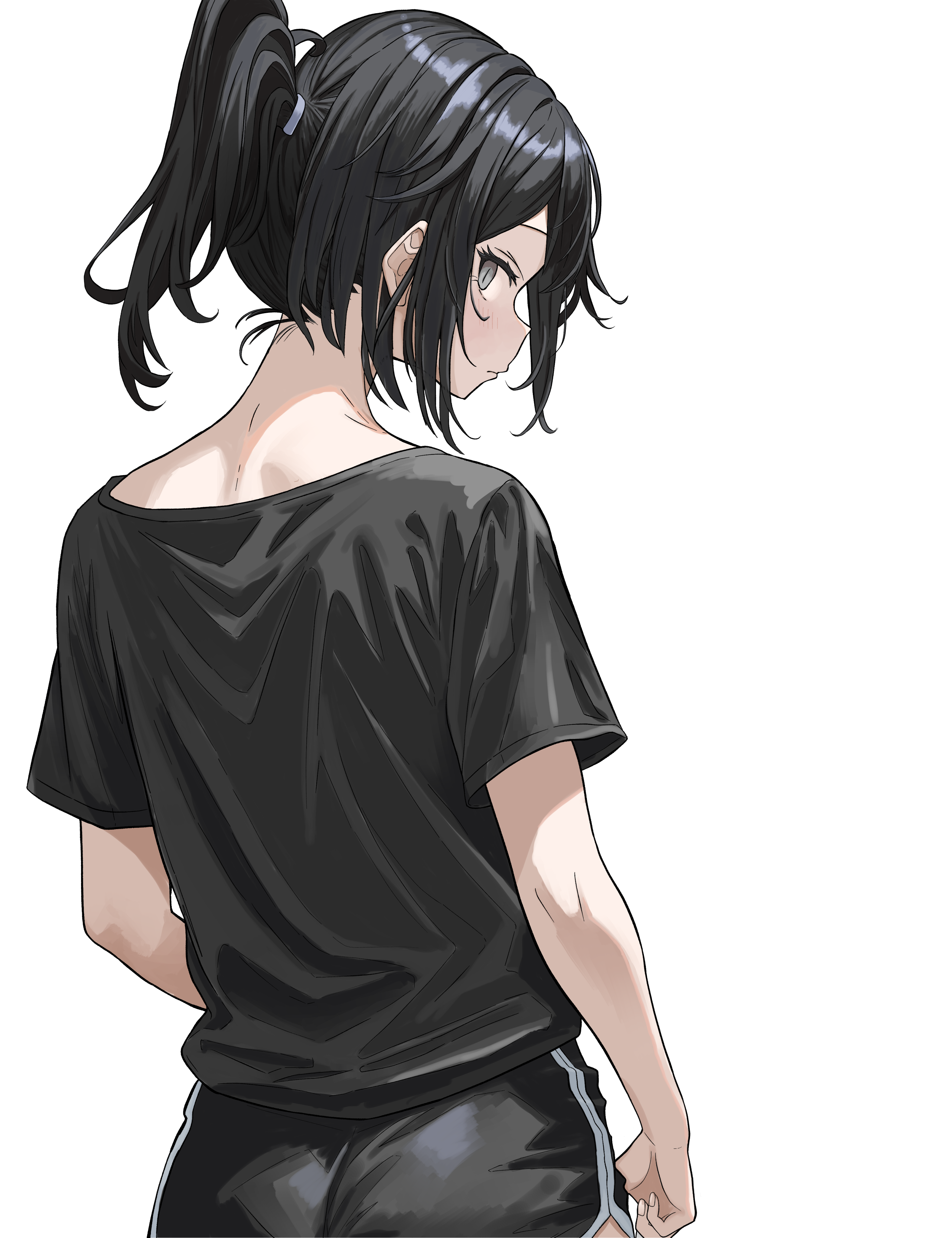 tohu sand, original, absurdres, highres, 1girl, ass, black hair, black pants, black shirt, dolphin shorts, from behind, grey eyes, hair between eyes, looking at viewer, looking back, nape, pants, ponytail, shirt, shorts, simple background, solo, sweat, t-shirt, turning head